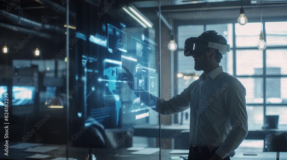 Poster businessman working with virtual ai assistant through hologram display technology, futuristic techno