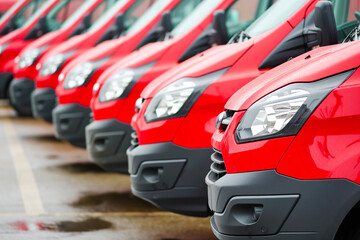 Generic row of red vans in a parking bay ready for purchase