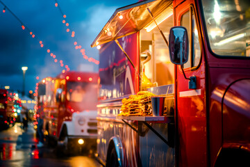 A row of food trucks at night with bright string lights. The focus is on a red food truck serving...