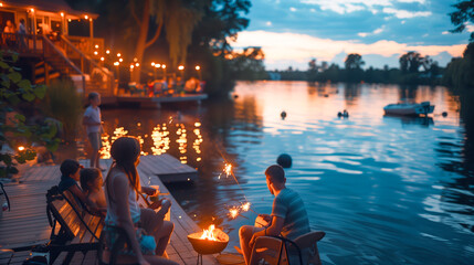 Fototapeta premium Families Enjoing the Holiday with OUtdoor Fun and Sparklers. Generative AI.