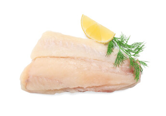 Piece of raw cod fish, dill and lemon isolated on white