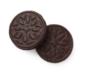 Tasty sandwich cookies isolated on white, top view