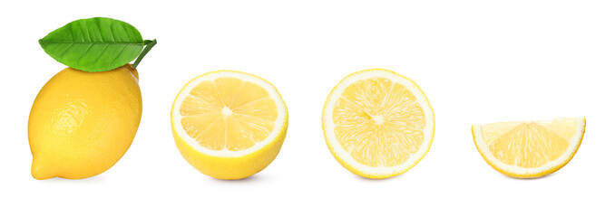 Fototapeta premium Fresh lemons isolated on white, set. Whole one, half and slices
