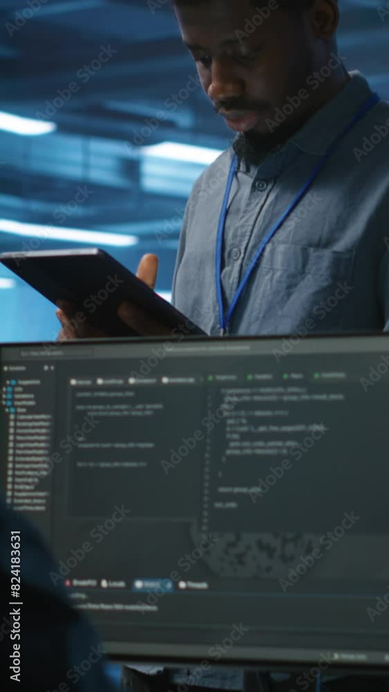 Poster vertical video manager overseeing team and doing system analysis of server farm supercomputers using