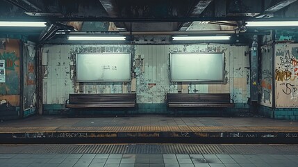 A dirty subway platform with two benches and two blank posters on the wall.