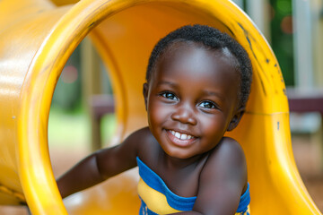 Joyful little African American boy having fun playing on the tube slide in an outdoor playground.