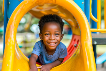 Joyful little African American boy having fun playing on the tube slide in an outdoor playground.