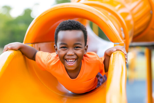 Joyful little African American boy having fun playing on the tube slide in an outdoor playground. - Powered by Adobe
