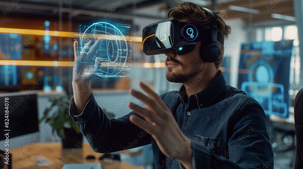 Poster businessman working with virtual ai assistant through hologram display technology, futuristic techno