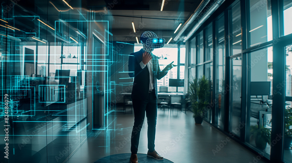 Poster businessman working with virtual ai assistant through hologram display technology, futuristic techno