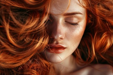 Naklejka premium Woman with red hair and closed eyes, portrait