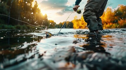 Fishing background. Fisherman catching trout on a river.