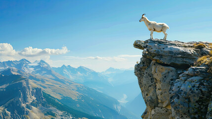 A mountain goat stands on a cliff edge, gazing over a majestic mountain range under a clear blue sky, epitomizing the rugged beauty of the wilderness.