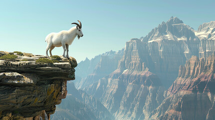A mountain goat stands on a cliff edge, gazing over a majestic mountain range with a clear blue sky in the background, highlighting the beauty and grandeur of nature.