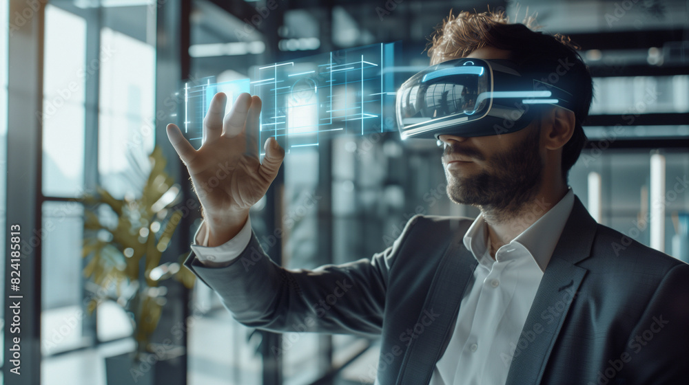 Poster businessman working with virtual ai assistant through hologram display technology, futuristic techno