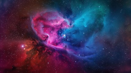 A colorful nebula cloud swirling with deep magentas and cerulean blues, set against a glittering starry night sky in the galaxy.