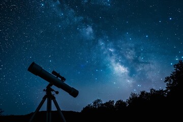 Telescope pointed at starry night sky