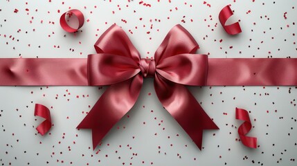 Red ribbon rope with sparkles on white background