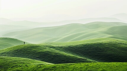 Panoramic shot of rolling green hills. Abstract green landscape wallpaper background illustration design with hills and mountains.