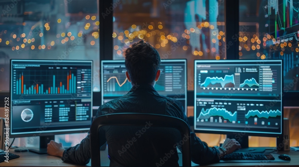 Poster a busy professional in their office with multiple screens displaying different datadriven finance ap