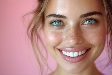 Beautiful young woman female smiling showing perfect white teeth. Dental stomatology whitening and treatment advertisement concept.