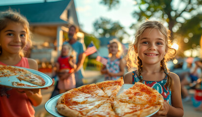 Cute Girls Celebrating with Friends and Family Outdoors with Pizza. Generatvie AI.
