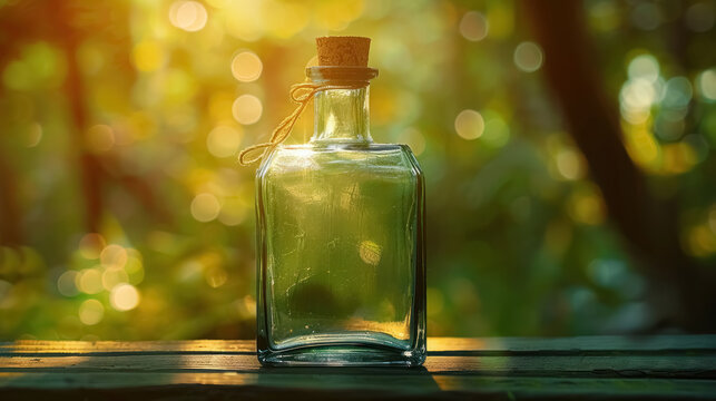 tranquil nature-inspired still life photography of clear square bottle on rustic wooden surface with sunlit bokeh background