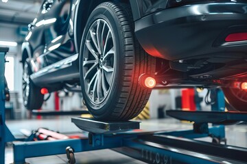 hightech car wheel alignment service in modern automotive workshop vehicle maintenance