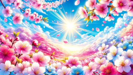 Spring Splendor: Harmony of Full-Bloom Cherry Blossoms and Sunlight