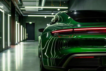 Rear view of modern green premium car in studio light