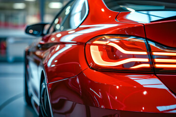 Rear view of modern red premium car in studio light