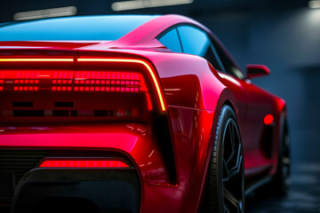 Rear view of modern red premium car in studio light