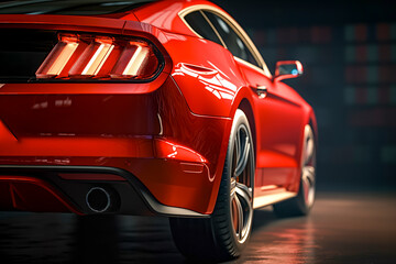 Rear view of modern red premium car in studio light