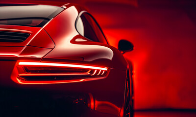 Rear view of modern red premium car in studio light