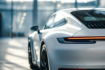 Rear view of modern white premium car in studio light