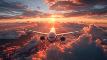 Avión en vuelo, un atardecer nublado,  con puesta de sol, concepto de aerolínea próspera, moderna y desarrollada.