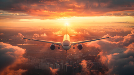 Avión en vuelo, un atardecer nublado,  con puesta de sol, concepto de aerolínea próspera, moderna y desarrollada.