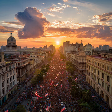 Concepto de protesta en Cuba por el comunismo y un cambio eminentes, Banderas cubanas y norteamericanas.