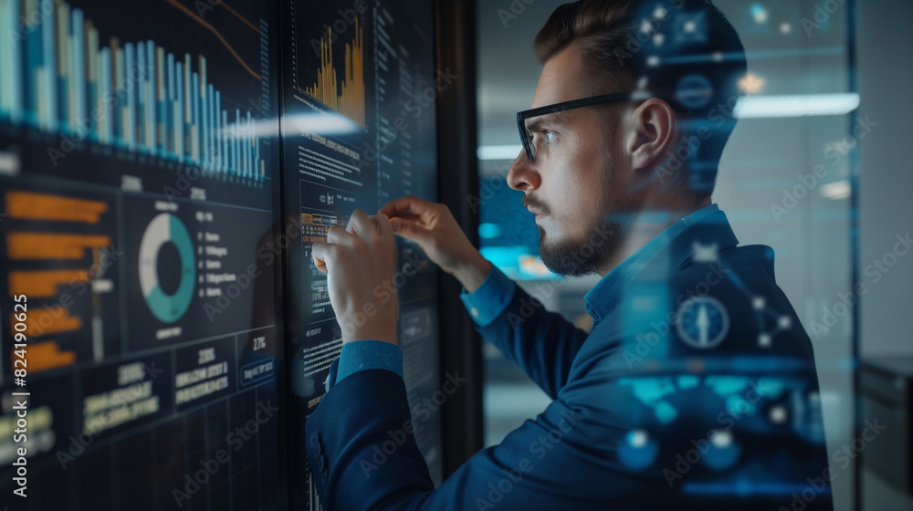Poster businessman or data analysis working with business data statistics using virtual reality technology,