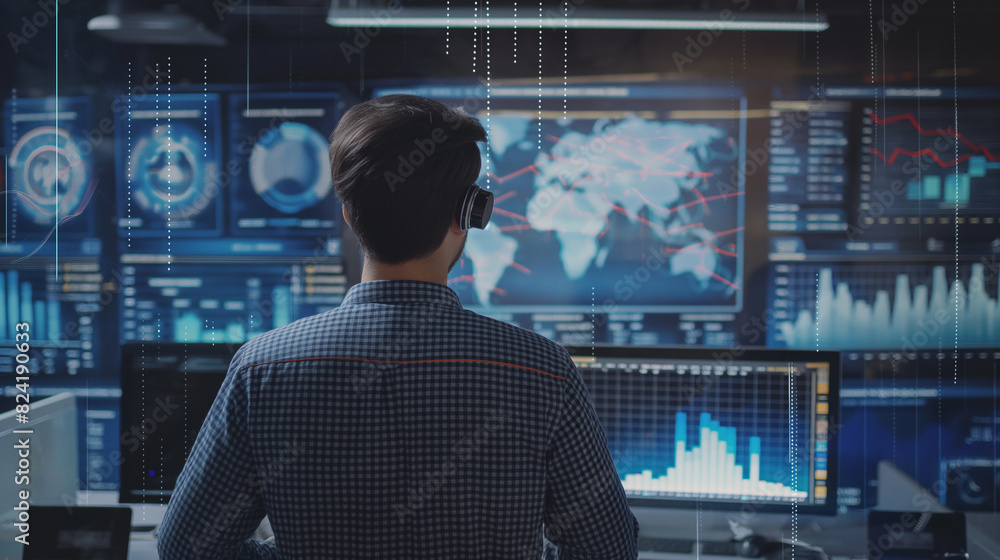 Poster businessman or data analysis working with business data statistics using virtual reality technology,