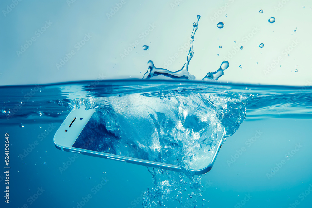 Wall mural Smartphone falling in water. Mobile phone sinking into water, with splash and bubbles