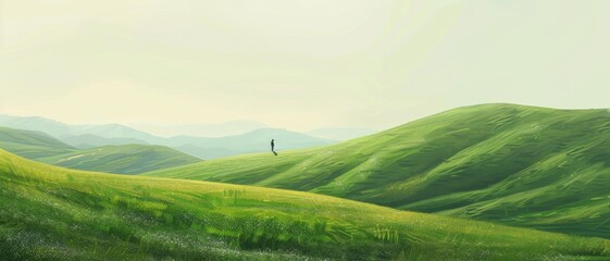 Scenic layers of green hills misty morning, lonely cottage with chimney in far away, beautiful dramatic light. Panoramic shot of rolling green hills.