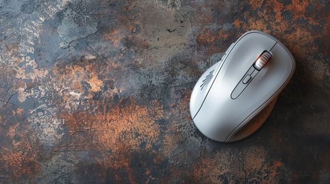 wireless computer mouse on rustic textured desk surface - modern technology meets vintage style