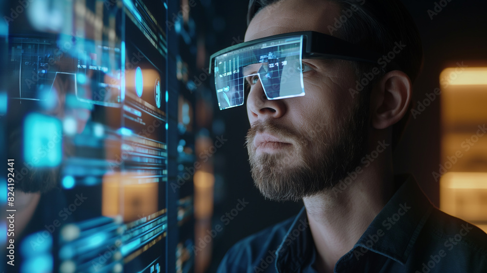 Poster businessman or data analysis working with business data statistics using virtual reality technology,