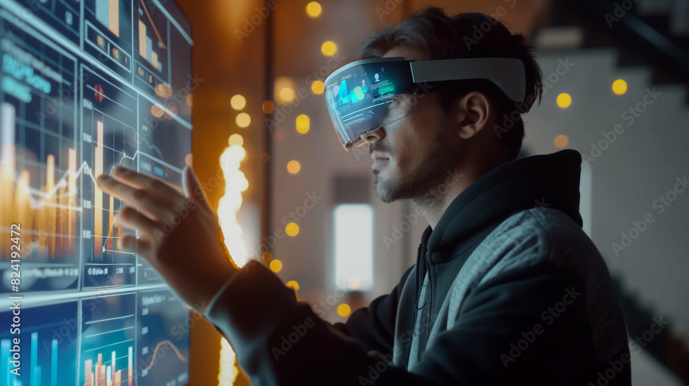 Poster businessman or data analysis working with business data statistics using virtual reality technology,