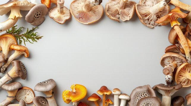 A fresh frame of assorted mushrooms and fungi creating a natural border on a plain white background.