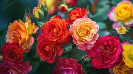 Macro photography of a vibrant bouquet of roses blooming in red orange and yellow from my pesticide free garden