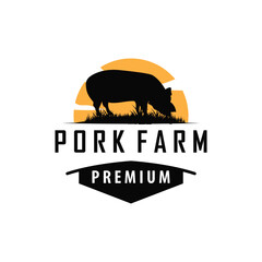 Pig logo grilled pork pig simple rustic stamp vector emblem livestock barbecue BBQ vintage design inspiration