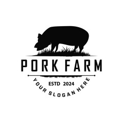 Pig logo grilled pork pig simple rustic stamp vector emblem livestock barbecue BBQ vintage design inspiration