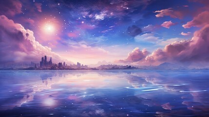 Celestial scene of a dreamy world, where stars sparkle over a serene ocean painted in delicate watercolor hues